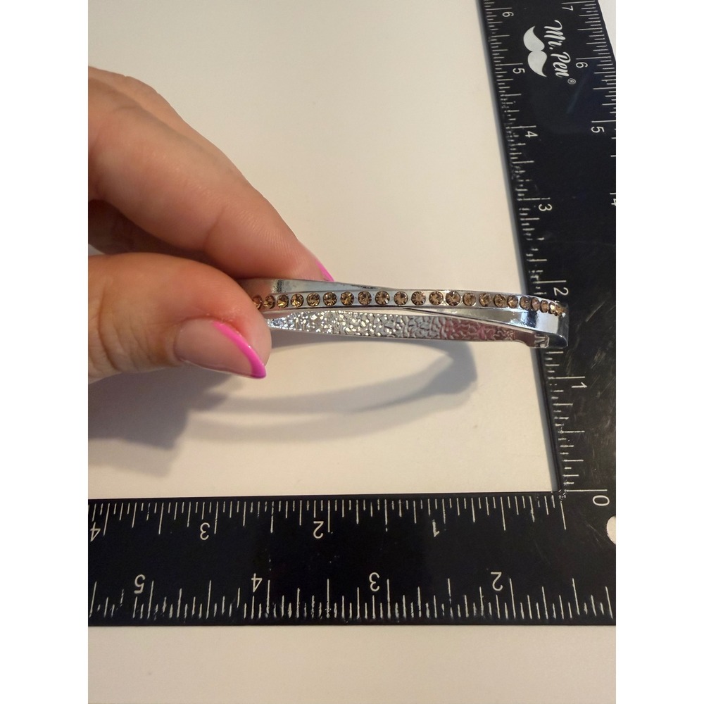 Silver Tone Amber Crystal Textured Crossover Hinged Bangle Bracelet